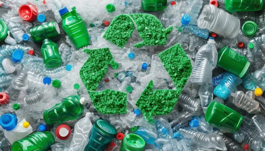 An image of a complex recycling process for plastic, including collection, sorting, cleaning, shredding, melting, and reformation into new materials-1